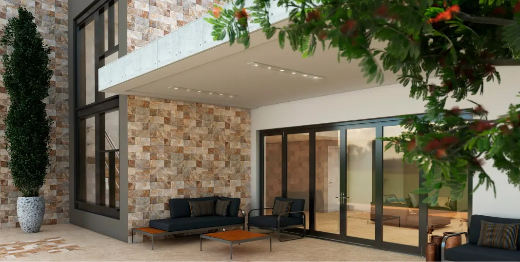 Ambiente com Revestimento de Parede Pedra Granilha 32x57cm Slate Beige - Karina