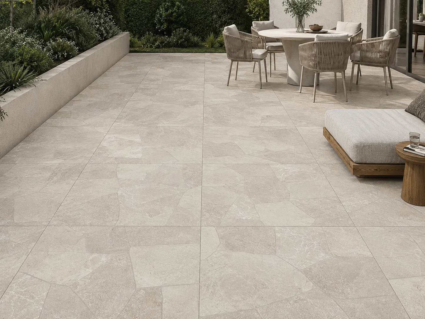 Ambiente com Piso Cerâmico Externo Granilhado Retificado 81x81cm Opala Bege - Formigres Prime