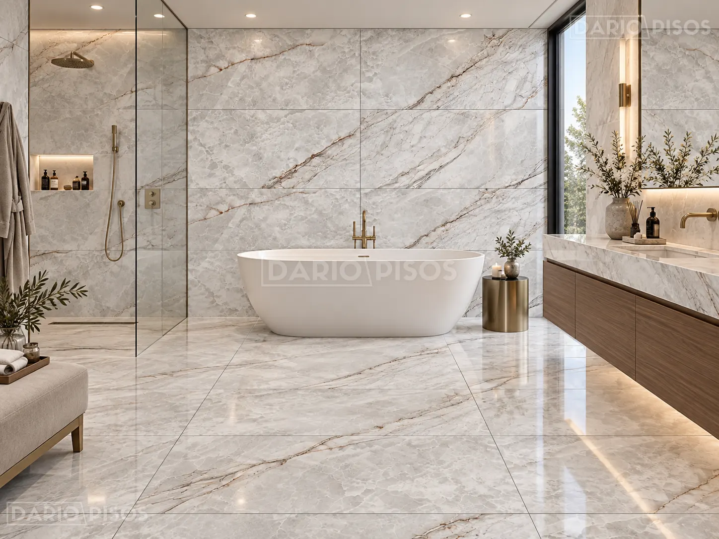 Ambiente com Piso Cerâmico Marmorizado Polido Retificado 60x120cm Gran Santorini  - Formigres Premium