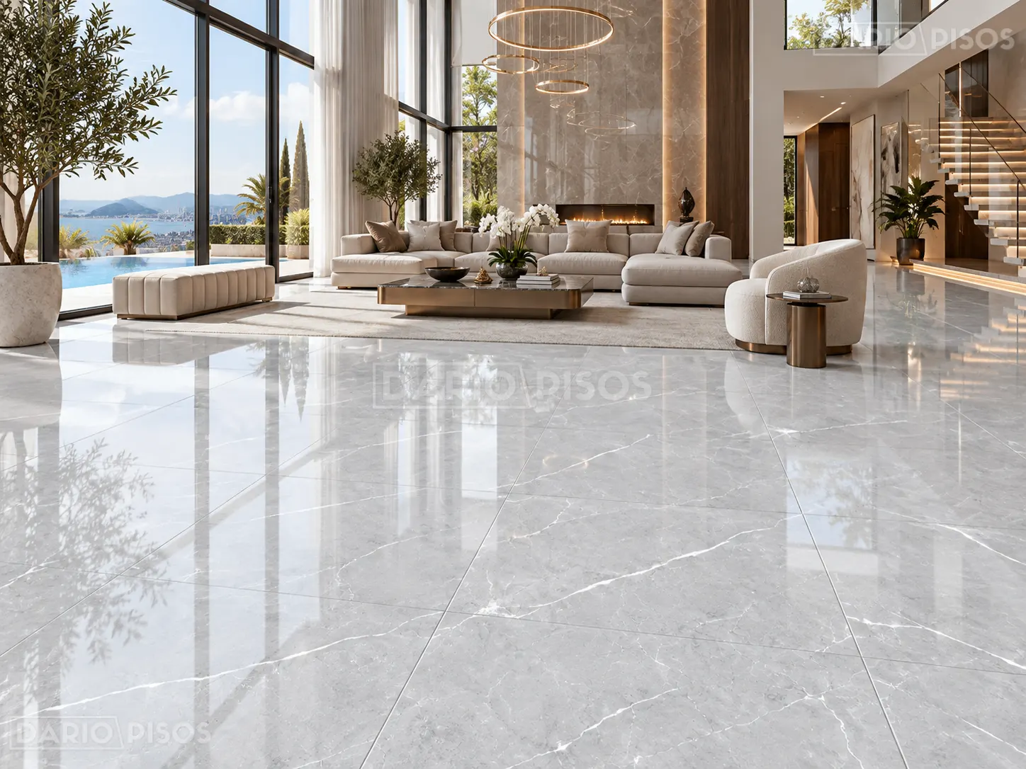 Ambiente com Piso Cerâmico Marmorizado Polido Retificado 81x81cm Selene Gray - Formigres Premium