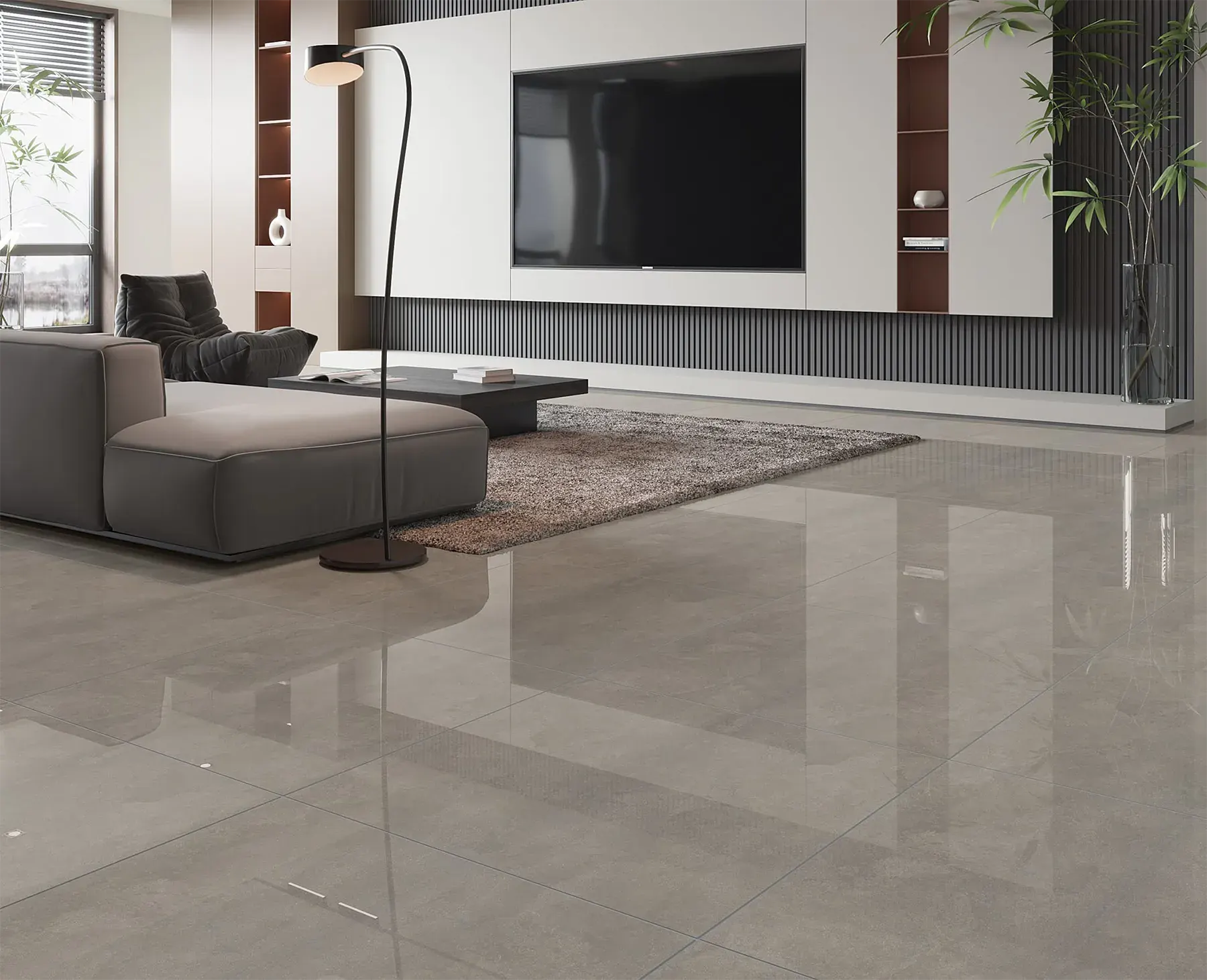 Ambiente com Piso Cerâmico Cimenticio Polido Retificado 81x81cm Cleantec Grey - Formigres Premium