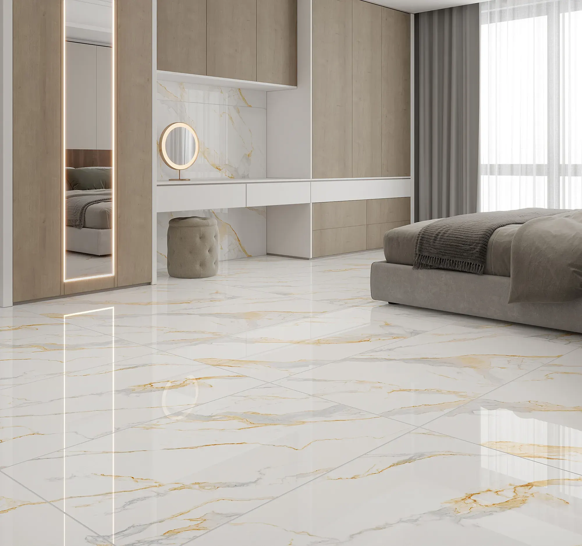 Ambiente com Piso Cerâmico Marmorizado Polido Retificado 60x120cm Bella Gold - Formigres Premium