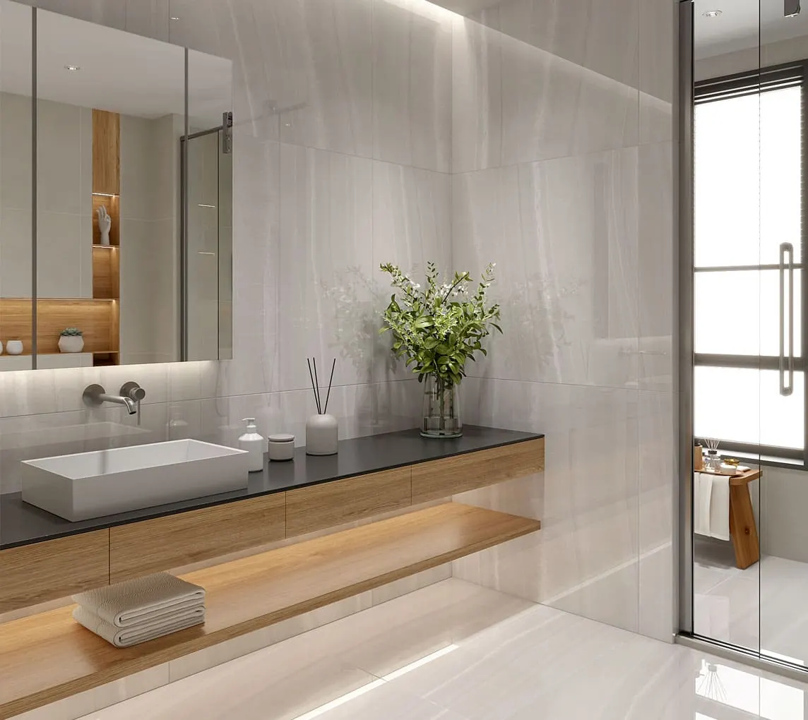 Ambiente com Piso Cerâmico Marmorizado Polido Retificado 88x88cm Magma CZ - Formigres Premium