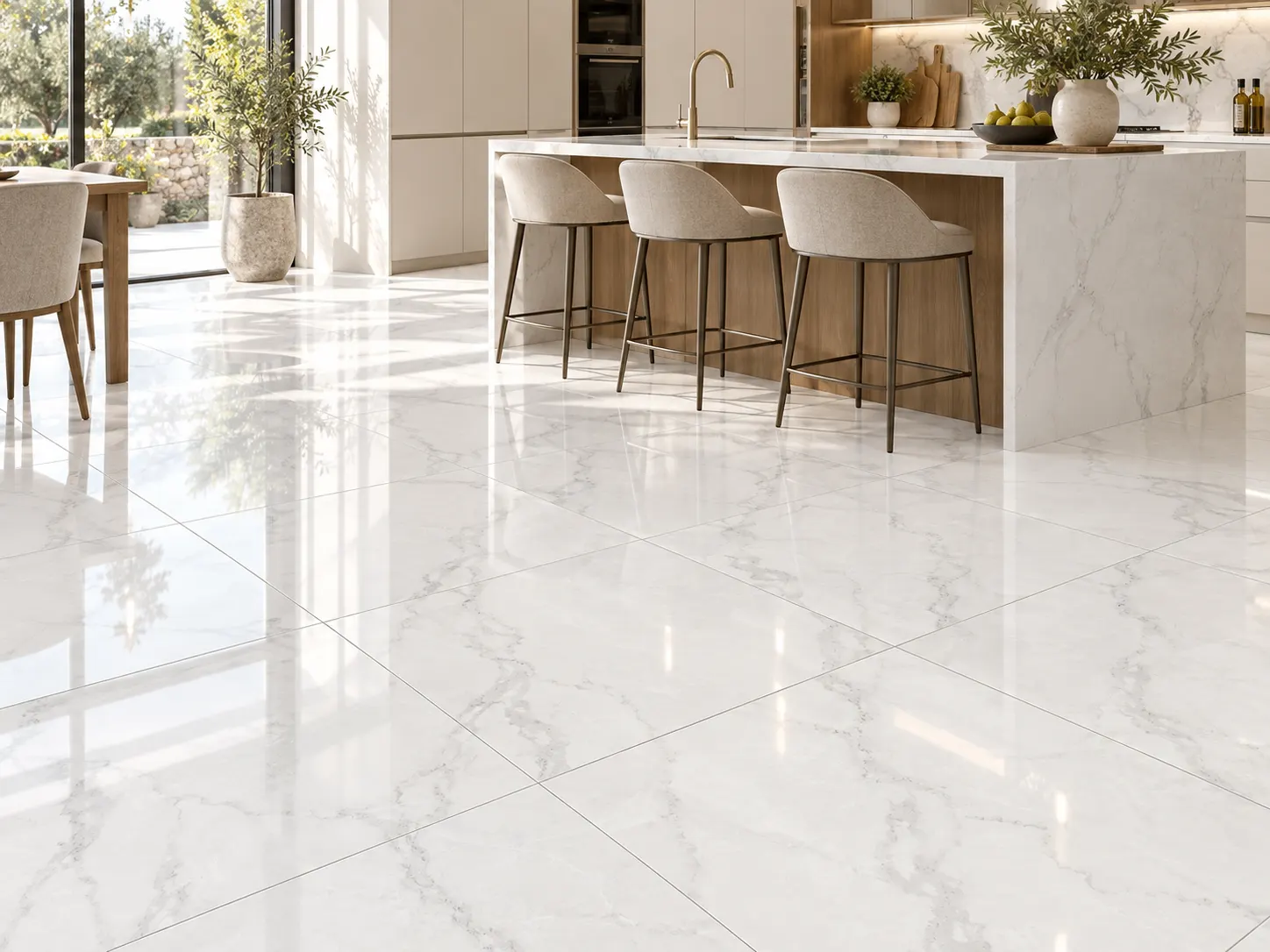 Ambiente com Piso Cerâmico Marmorizado Polido Retificado 81x81cm Atenas - Formigres Prime