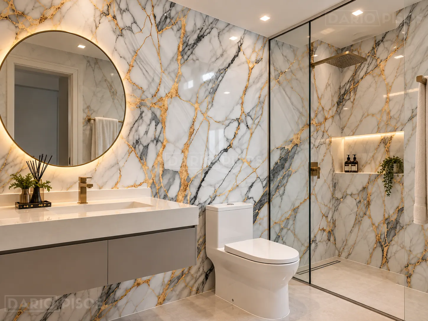 Ambiente com Piso Cerâmico Marmorizado Polido Retificado 81x81cm Realeza Gold - Formigres Prime