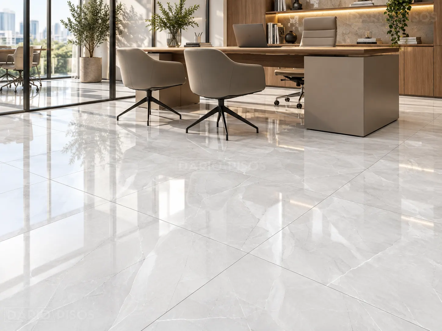 Ambiente com Piso Cerâmico Marmorizado Polido Retificado 66x66cm Onix Ice - Formigres Premium