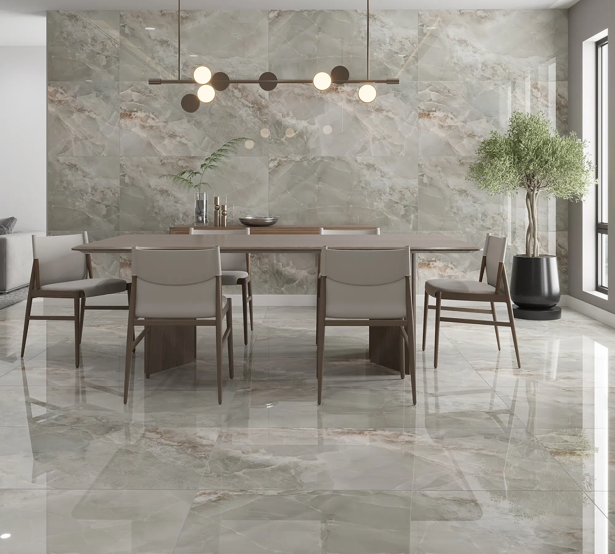 Ambiente com Piso Cerâmico Marmorizado Polido Retificado 60x120cm Gran Sirius - Formigres Premium